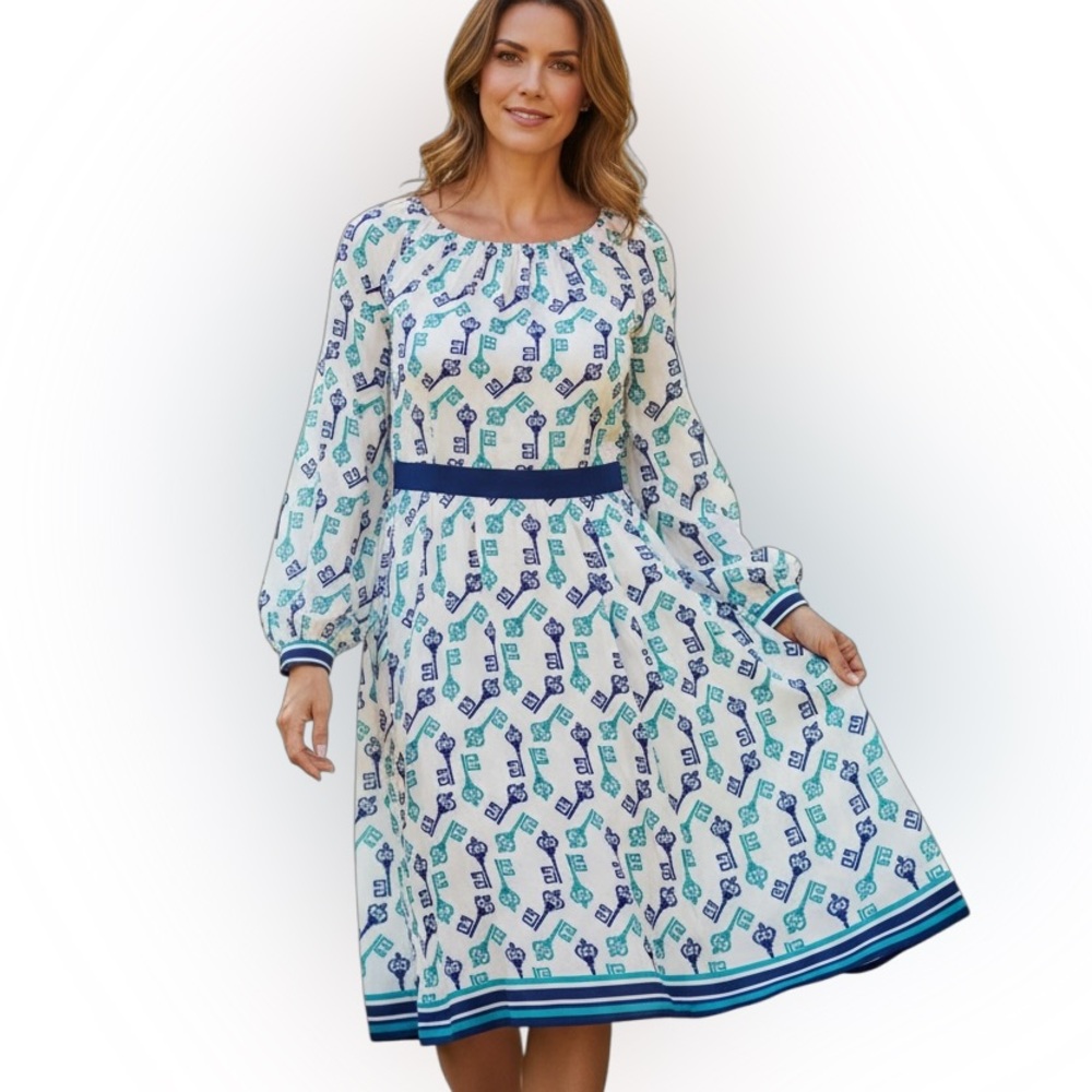 MILLY ROUND NECK LONG SLEEVE GREEN BLACK PRINT ON IVORY DRESS S